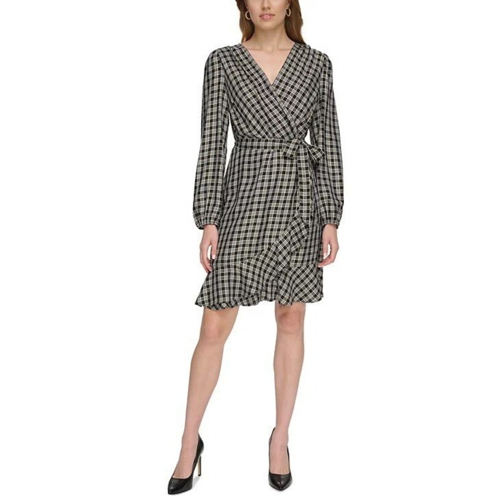 Tommy Hilfiger Womens Preppy Dark Academia Retro Plaid Ruffle Wrap Dress Size 4P
